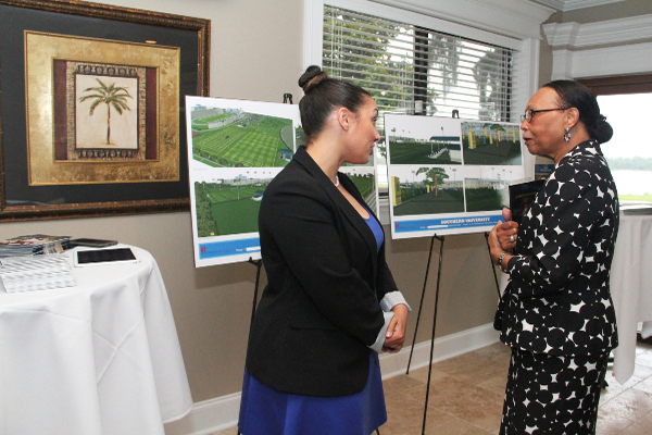 Pictured: Erin Fulbright, advancement and marketing manger, Southern University System Foundation, and Lilian Stewart discuss JaguarPARK, a new urban sports renovation project for the Southern University Baton Rouge campus.