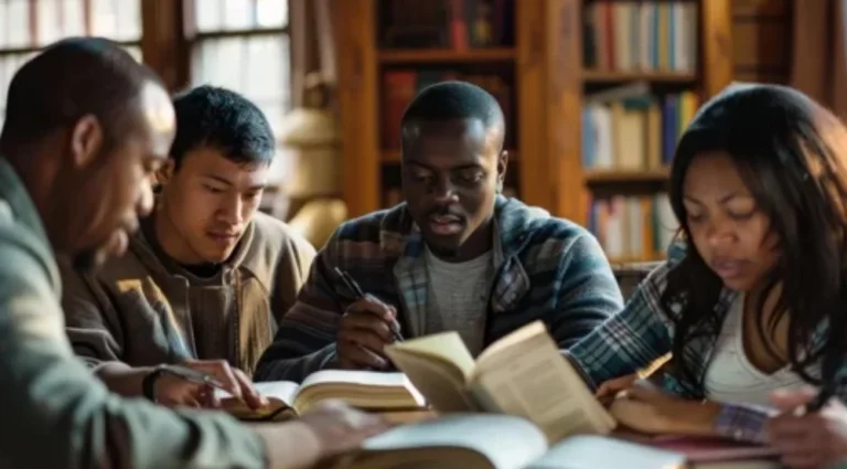 Diverse students studying in the library